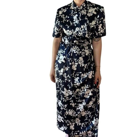 Vintage 1990s Womens Navy Blue Floral Cherry Blossom Japanese Maxi Dress Sz M - Picture 1 of 6